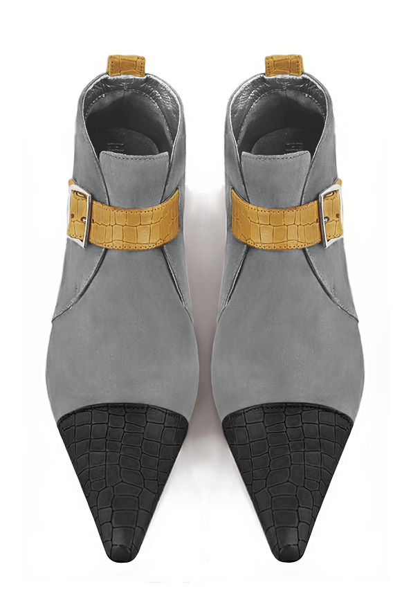 Dark grey and mustard yellow women's ankle boots with buckles at the front. Pointed toe. Low cone heels. Top view - Florence KOOIJMAN
